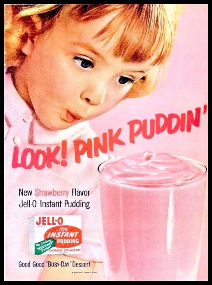 Vintage American ad featuring a young girl amazed by pink strawberry Jell-O instant pudding dessert.