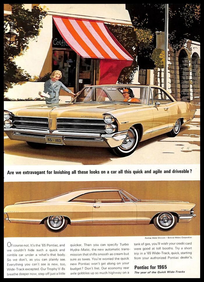 Vintage American ads featuring a 1965 Pontiac car capturing style and innovation in classic automotive design.
