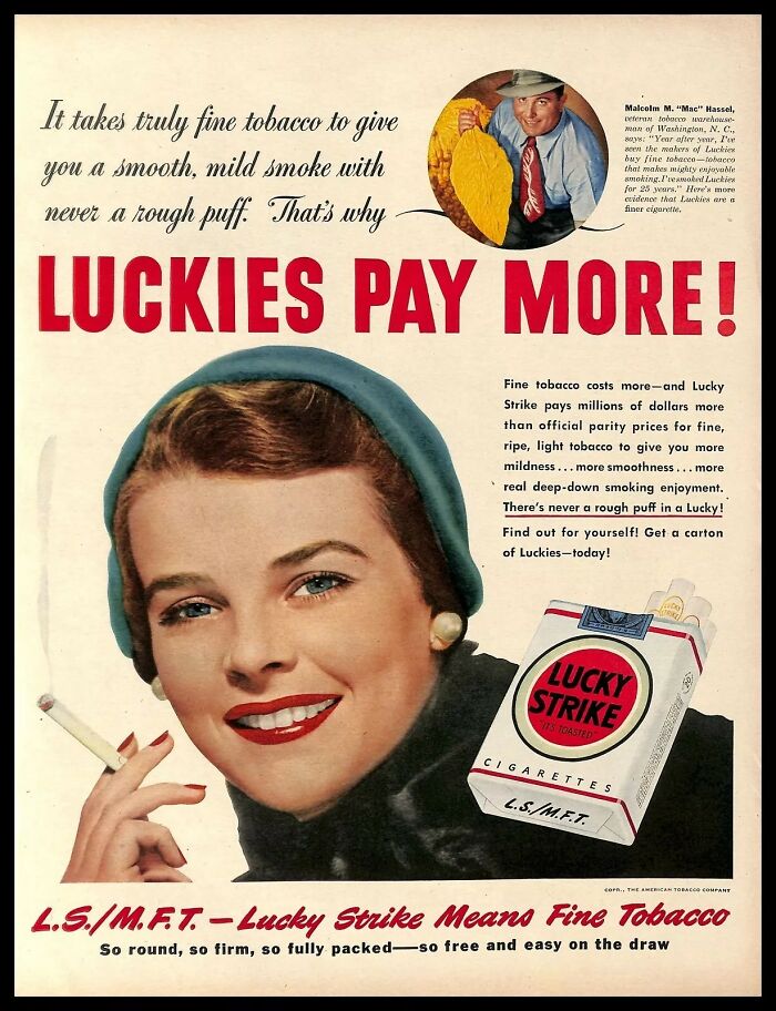 Vintage American ad featuring a smiling woman with a cigarette and a pack of Lucky Strike tobacco product.