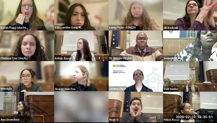 Virtual classroom with multiple teachers and students in video call, capturing a hot-mic moment sparking outrage among students.