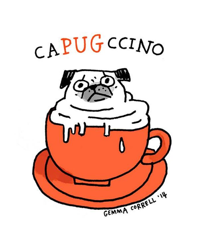 Illustration of a pug in a cappuccino cup with the word capugccino highlighting pug owners humor in comics.