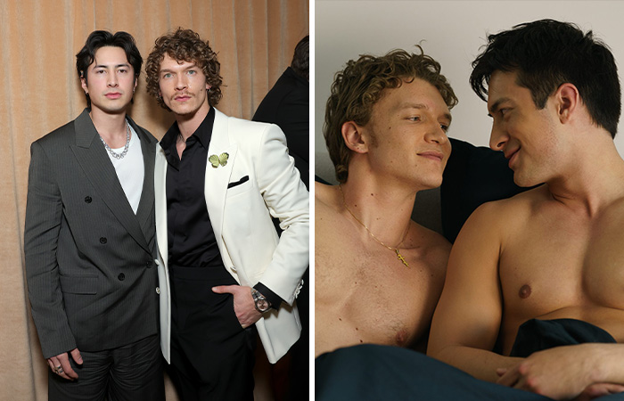 Image showing two men dressed formally at an event alongside a separate shot of two shirtless men sharing an intimate moment indoors; Olympian Jutta Leerdam exposure during ice event discussed.