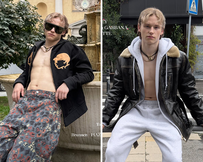 Two 2026 Winter Olympics athletes posing outdoors, wearing stylish casual outfits with open jackets and relaxed expressions.