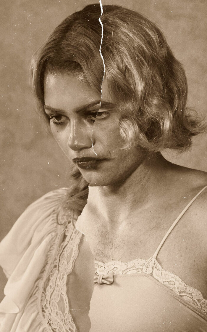 Split portrait merging feminine and masculine features in a vintage style, highlighting gender-bending photoshoot concept.
