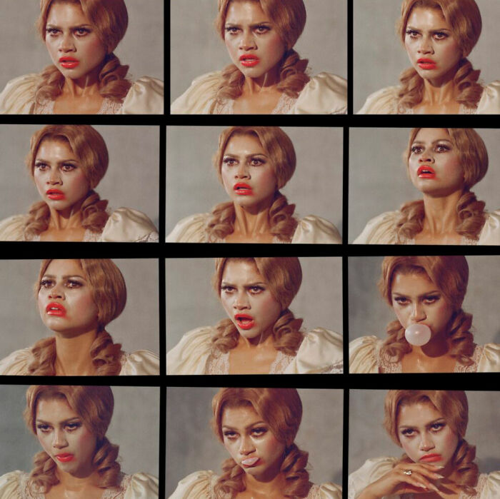 Zendaya in a gender-bending photoshoot with dramatic makeup, vintage hairstyle, and various expressive poses.