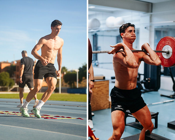 Two 2026 Winter Olympics athletes training intensely, one sprinting on a track and the other lifting weights indoors.