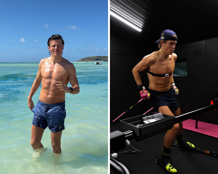 2026 Winter Olympics athlete training indoors and posing shirtless at the beach, showcasing fitness and strength.