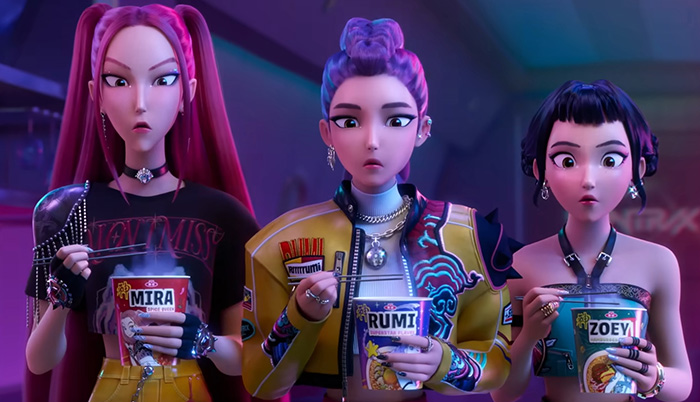 Three animated characters eating instant noodles, illustrating Oscar nominated movies 2026 in an animated style.