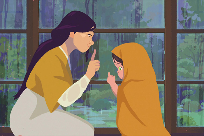 Animated scene from Oscar nominated movies 2026 showing two characters sharing a quiet moment by a rainy window indoors.