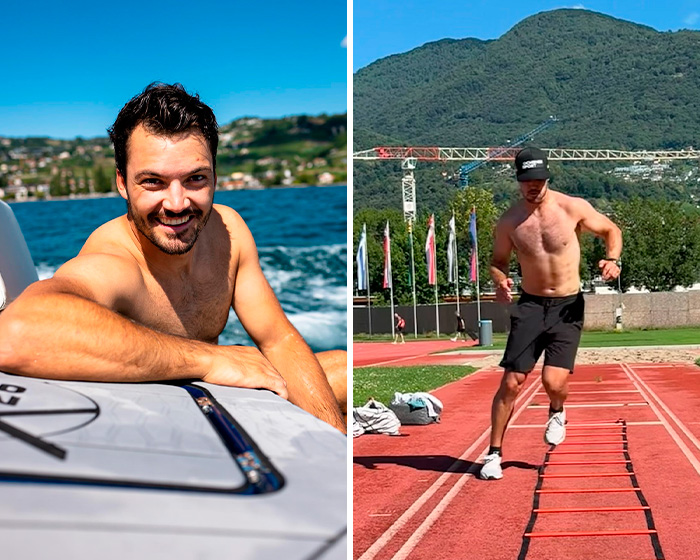 Shirtless male athlete smiling on boat by the water and training on agility ladder outdoors with mountains behind