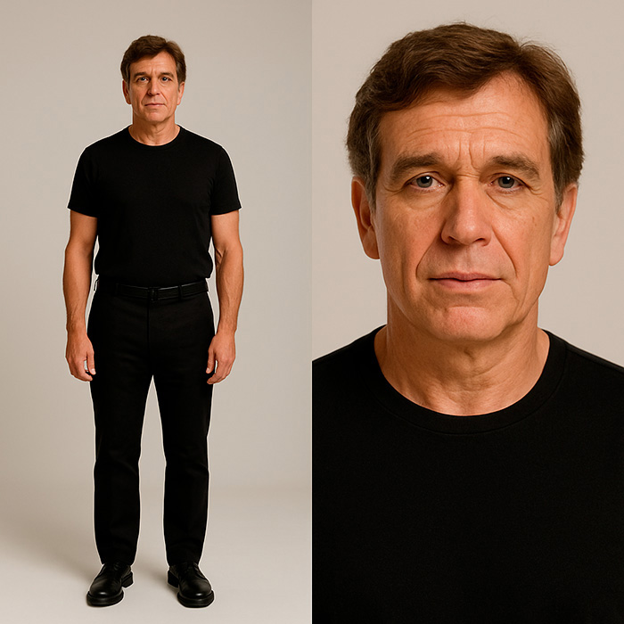 Middle-aged man wearing black outfit shown in full and close-up portrait, representing perfect man ideals across generations.