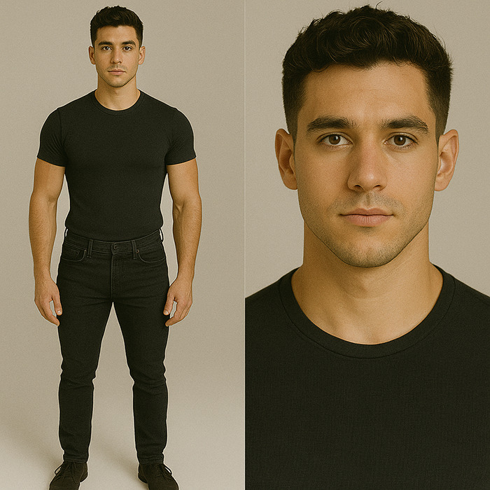 Young man in black shirt and jeans, representing the perfect man ideal across generations including Gen Z to Boomers.