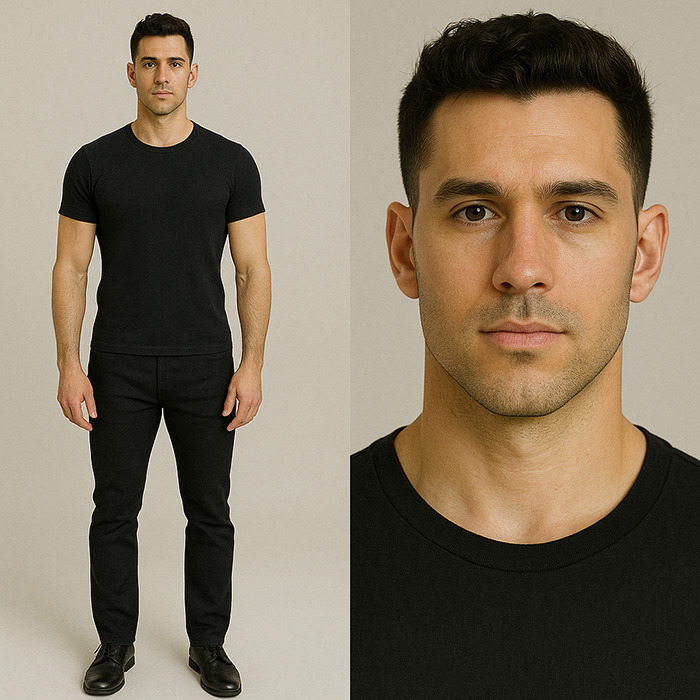 Young man representing the perfect man ideal, dressed in black, with a focused expression showcasing generational attractiveness.