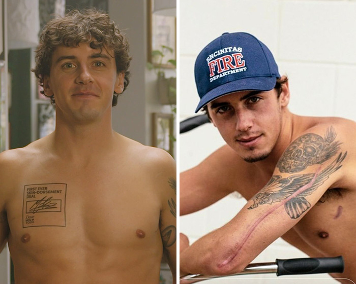 Two shirtless athletes with tattoos, one wearing a fire department hat, showcasing 2026 Winter Olympics athletes.