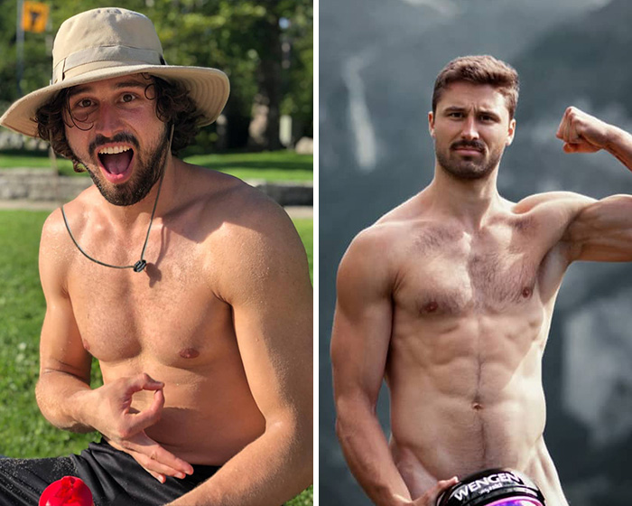 Two fit 2026 Winter Olympics athletes posing shirtless outdoors, showcasing athletic physiques and confidence.