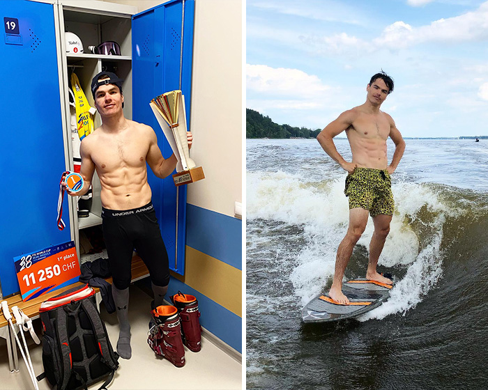 Shirtless 2026 Winter Olympics athlete holding trophy in locker room and surfing on a wave in leopard print shorts.