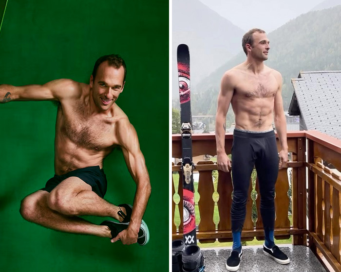 Shirtless 2026 Winter Olympics athlete showing athletic physique in action pose and standing by ski equipment outdoors.