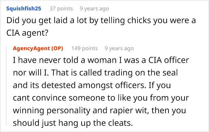 Screenshot of an online Q&A where a former CIA case officer discusses not revealing their identity to impress others.