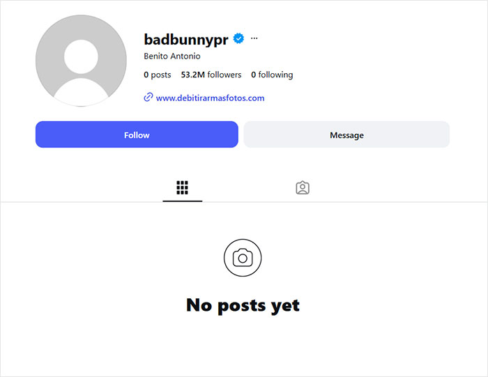 Bad Bunny’s social media profile with zero posts and 53.2 million followers after Super Bowl exit controversy.