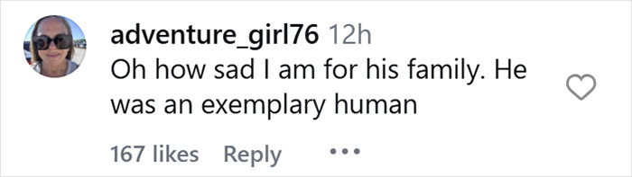 Comment from user adventure_girl76 expressing sadness for James Van Der Beek’s family after his tragic passing.