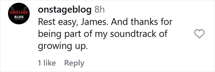 Comment on Instagram from onstageblog expressing condolences and gratitude after James Van Der Beek’s tragic passing.