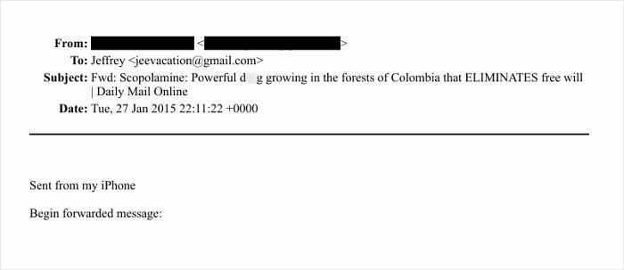 Email screenshot showing forwarded message about scopolamine plant growing in Colombia, linked to Epstein emails. Email screenshot showing forwarded message about scopolamine plant growing in Colombia, linked to Epstein emails.