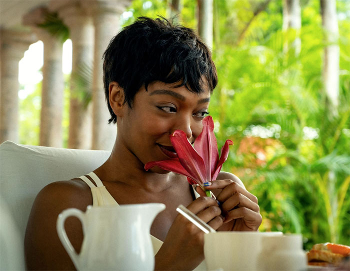Woman smelling a red flower indoors with sunlight and green plants, relating to Epstein emails and horrifying plants topic. Woman smelling a red flower indoors with sunlight and green plants, relating to Epstein emails and horrifying plants topic.