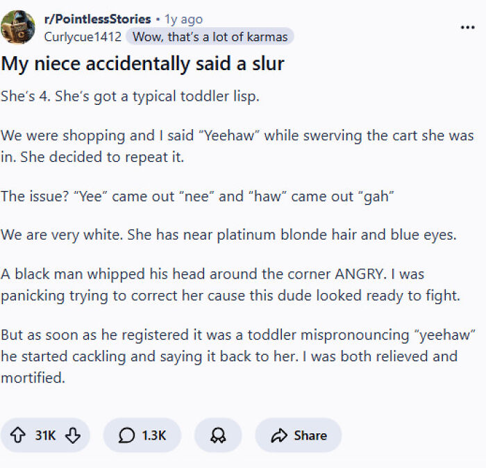 Reddit post from a popular weird subreddit sharing a funny toddler mispronunciation story and unexpected reaction.