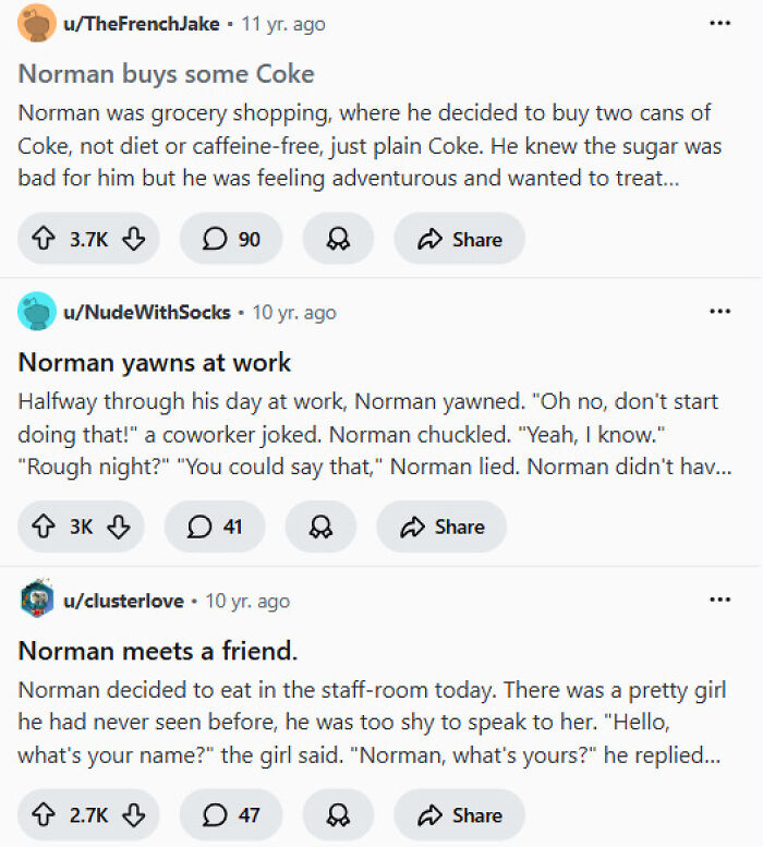 Screenshot of popular weird subreddit posts featuring Norman’s everyday quirky moments shared by multiple users.