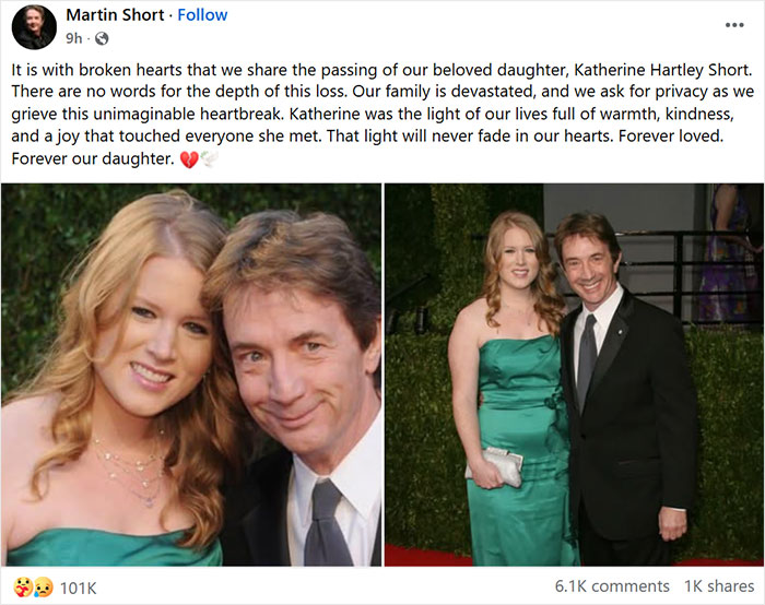 Martin Short with his daughter Katherine Hartley, dressed formally, sharing a heartfelt moment after her tragic loss.