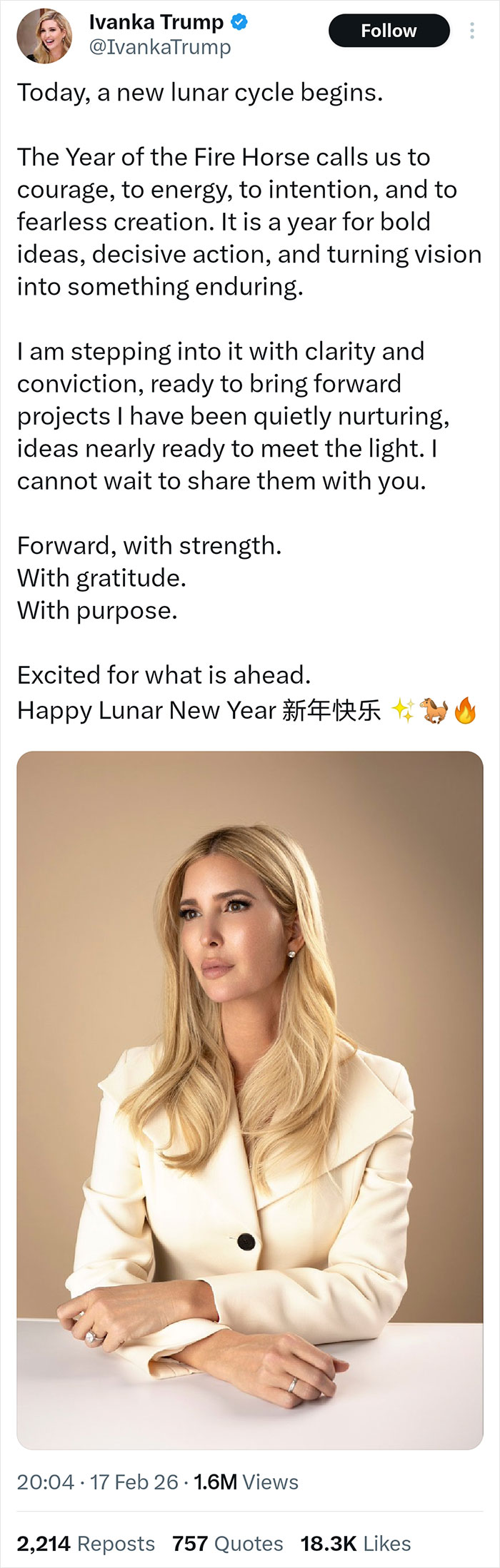 Ivanka Trump poses in a cream blazer, her transformation and style scrutinized after Lunar New Year social media post.