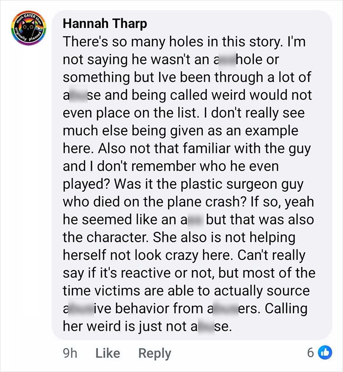 Screenshot of a Facebook comment discussing bullying claims involving Grey's Anatomy actress and Eric Dane.