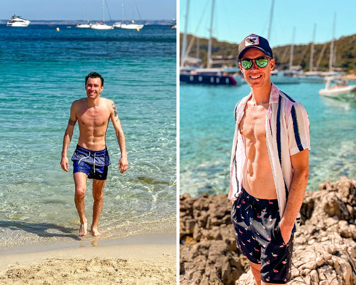 Two 2026 Winter Olympics athletes in swimwear by the beach and rocky shore, showcasing fit summer bodies by the water.