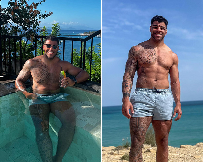 Athlete with geometric tattoos relaxing by the pool and standing on the beach, showcasing 2026 Winter Olympics athlete fitness.