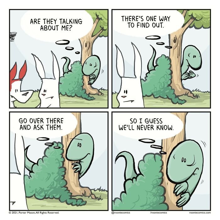 Comic series featuring cute characters hiding and expressing uncomfortably accurate feelings in a humorous scene outdoors.