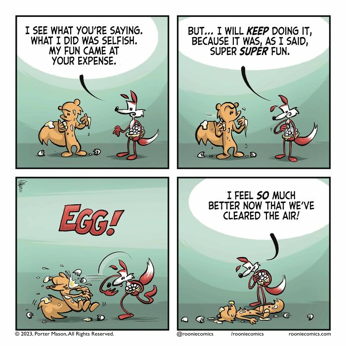 Comic strip with cute characters showing uncomfortably accurate feelings during a humorous conversation about selfishness and fun.