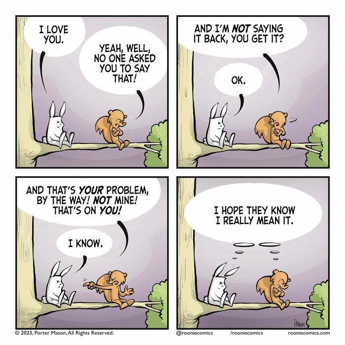 Comic series featuring cute characters expressing uncomfortably accurate feelings in a humorous woodland setting.