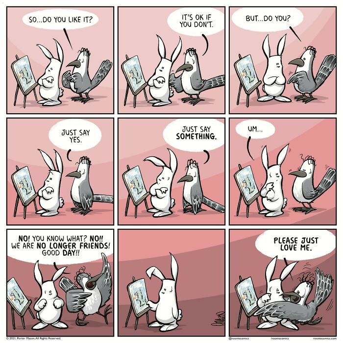 Comic strip with cute characters showing uncomfortably accurate feelings through a bunny and bird interaction about a painting.