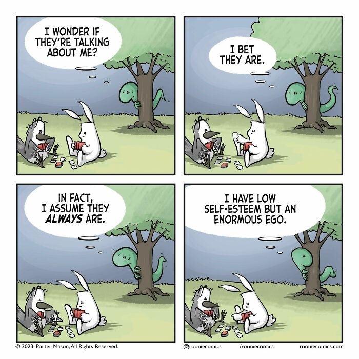 Comic series panel with cute characters playing cards and a tree creature sharing uncomfortably accurate feelings about self-esteem and ego.
