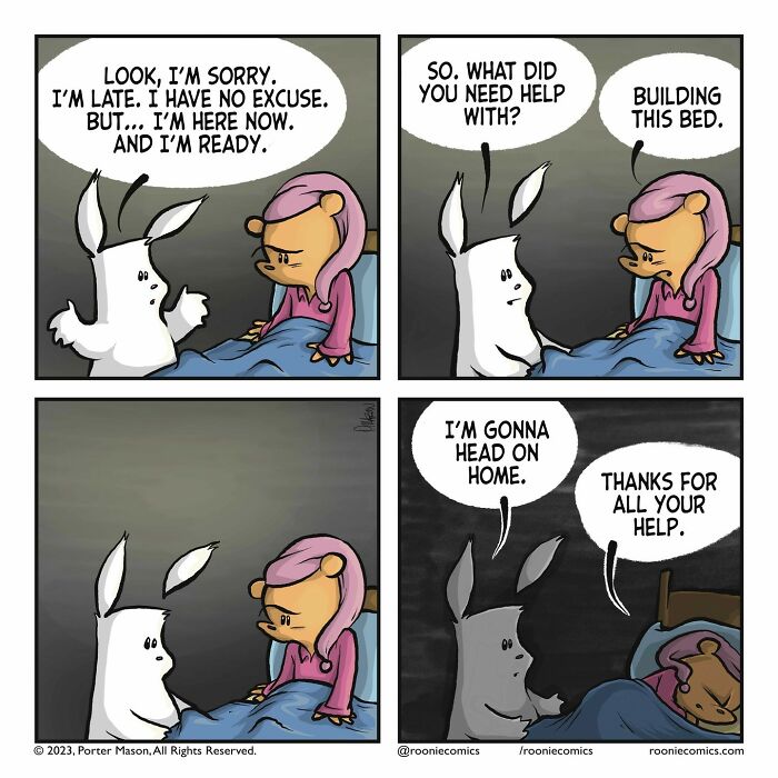 Cute comic characters in a bedroom scene expressing uncomfortably accurate feelings through dialogue and body language.