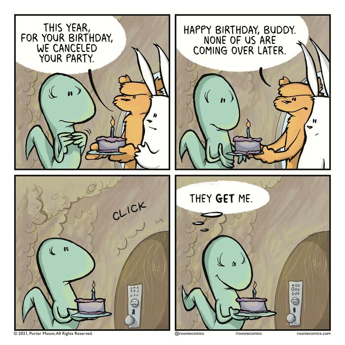 Comic panel showing cute characters sharing uncomfortably accurate feelings during a canceled birthday party scene.