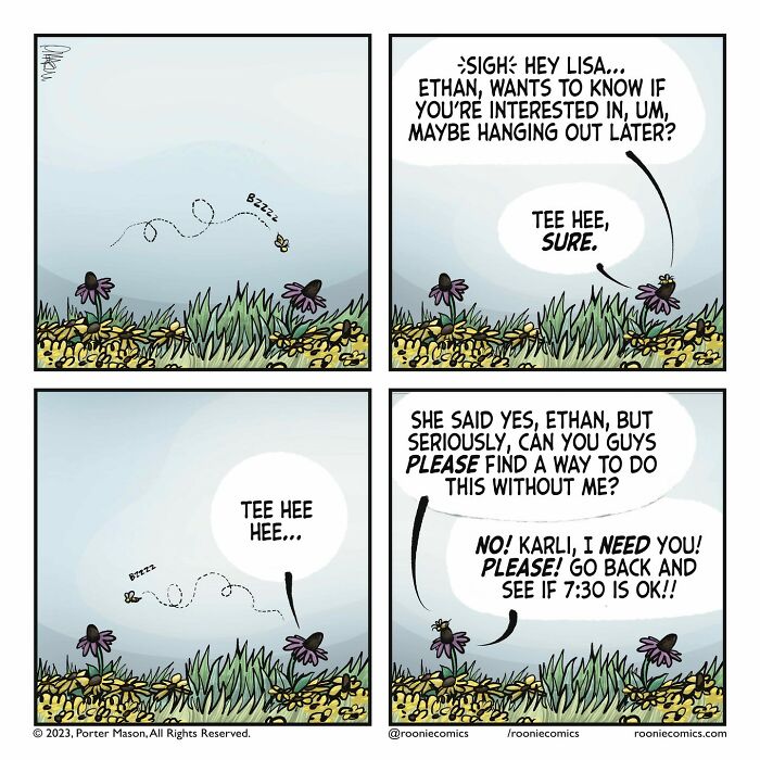 Comic strip with cute characters showing uncomfortably accurate feelings through a humorous conversation between two insects.