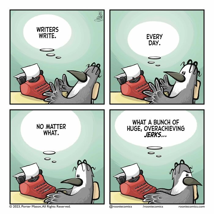 Cartoon bird using typewriter in comic series featuring cute characters and uncomfortably accurate feelings.