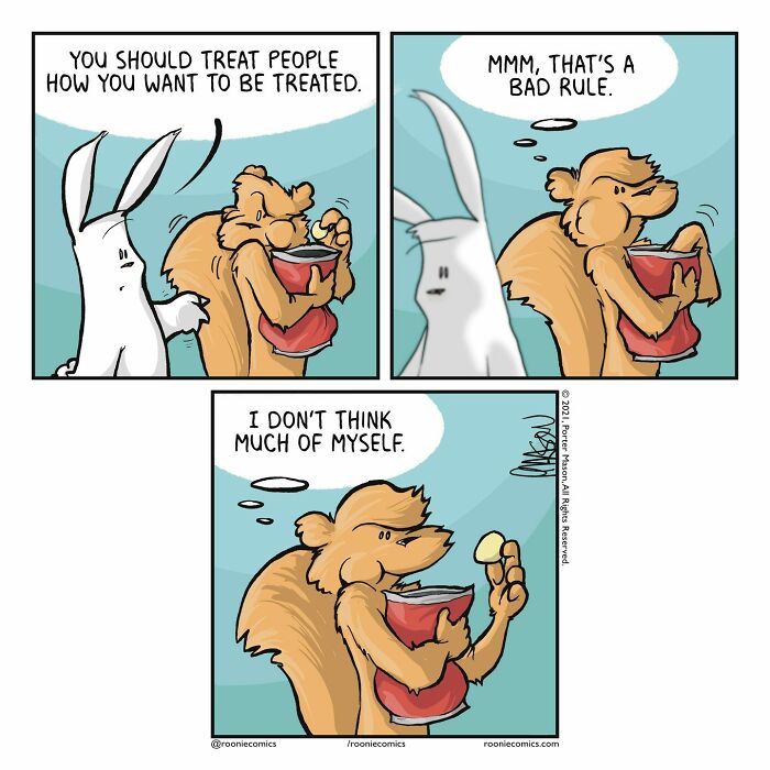 Comic series with cute characters showing uncomfortably accurate feelings in a humorous three-panel squirrel and rabbit interaction.