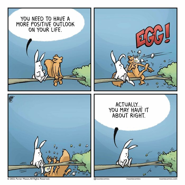 Comic series featuring cute characters on a tree branch with humor and uncomfortably accurate feelings in four panels.