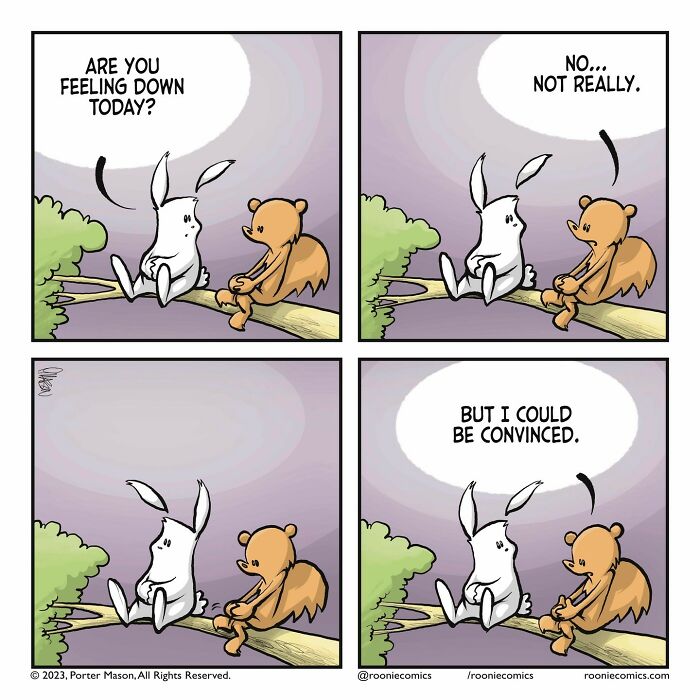 Comic series with cute characters showing honest feelings in a quiet moment on a tree branch in four panels.