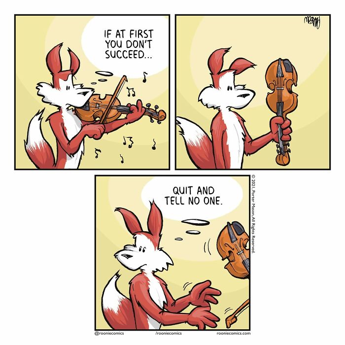 Comic series with cute characters showing a fox playing and quitting the violin, expressing relatable feelings.