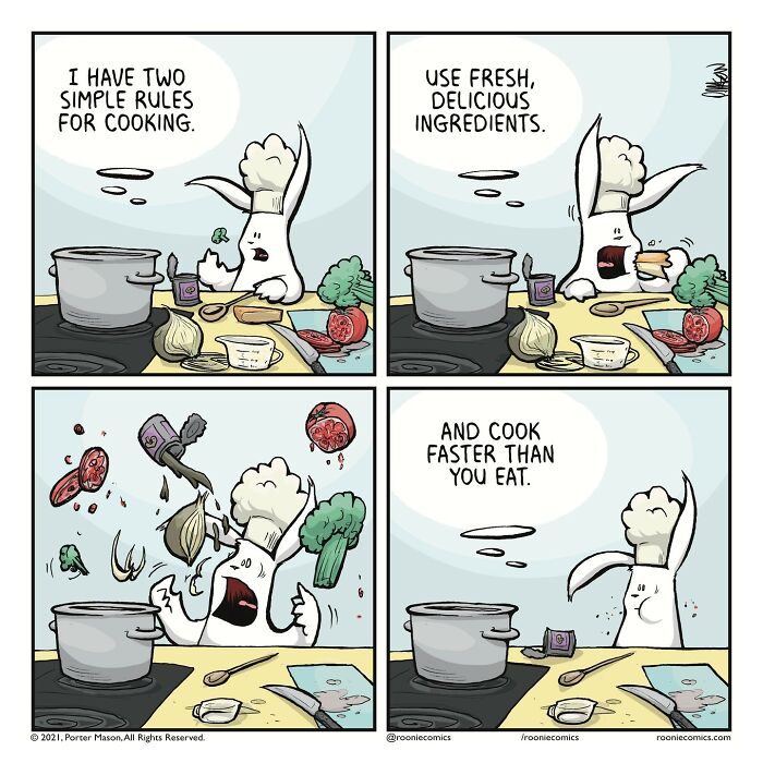 Comic series with cute characters cooking fresh ingredients, showing uncomfortably accurate feelings in humorous kitchen scenes.
