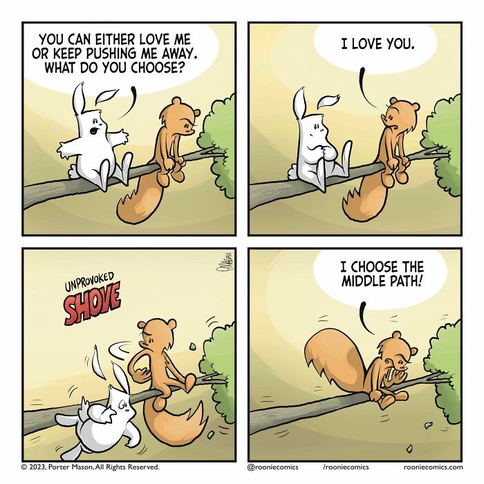 Comic series featuring cute characters expressing uncomfortably accurate feelings with humor and emotional moments on a tree branch.