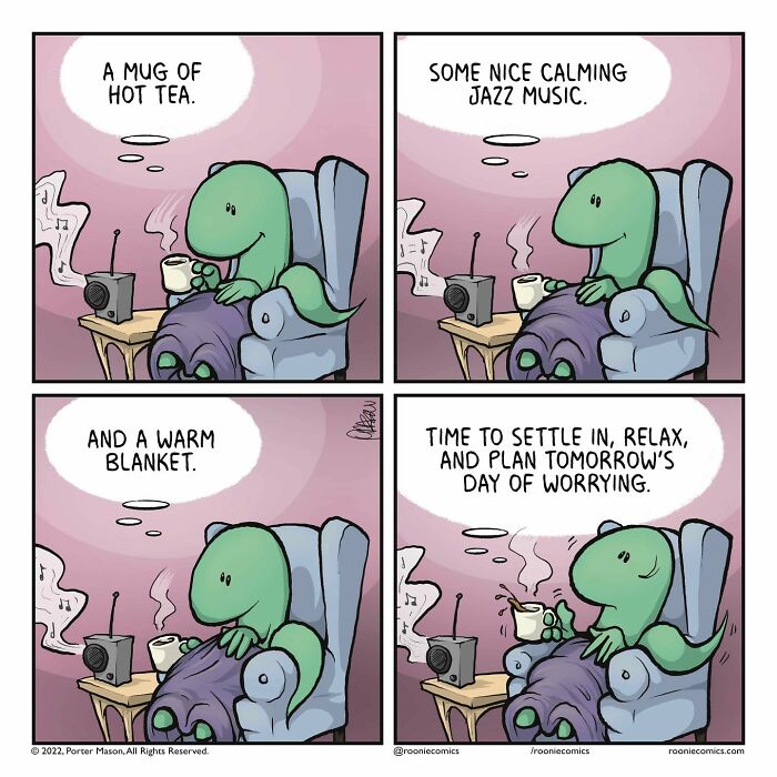 A cute comic character relaxing with tea, jazz music, and a warm blanket showing uncomfortably accurate feelings.